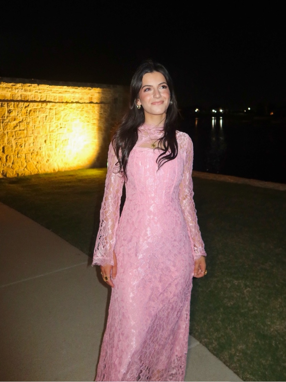Pink Lace Long-Sleeve Evening Dress
